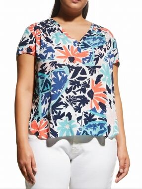 NIC+ZOE Floral Boho Blouse 3X Plus Size Lightweight V-Neck Short Sleeve Coastal